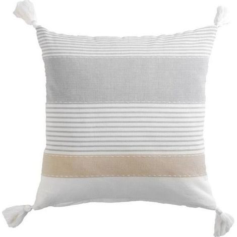 Coussin déhoussable en coton avec pompons et motif rayures Iliade - Gris et Beige - 60 x 60 cm - Livraison gratuite (1/3)