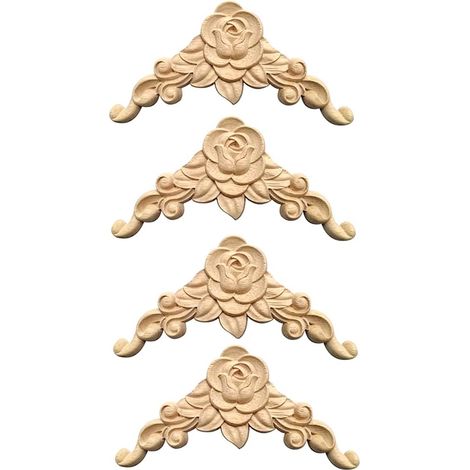 Moulure Decorative Bois - Rosace Sculptee En Hevea - Pour Decoration Murale Porte Fenetre Armoire Miroir - 4 Pieces