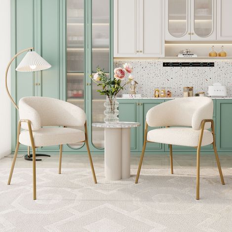 DESMIU Chaise de salle à manger rembourrée avec dossier ajouré, pieds en fer doré, en polaire, Blanc (1/5)
