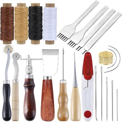 24pcs-cuir Outils Kit De Rparation  La Main Artisanat Cuir Fil Cir 8 Couleur Avec Aiguilles  Coudre Ciseaux Ruban  Mesurer Pour Cuir De Couture Ch (1/5)