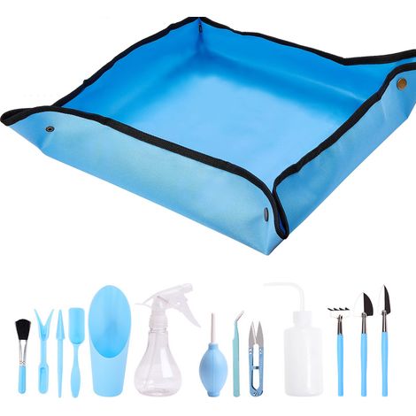 Tapis de rempotage pliable pour plantes, tapis de jardinage avec 13 mini outils de jardin, ensemble d'outils pour plantes succulentes, bleu (1/5)