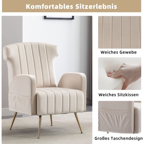 Beiger Samt-Loungesessel mit Seitentaschen und goldfarbenen Metallbeinen (1/2)