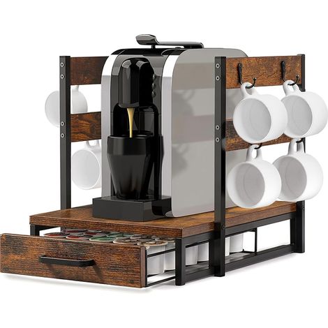 Briznsn Étagère multifonctionnelle Porte-tasses, capacité de 35 dosettes, porte-dosettes à café compatible avec Keurig, rangement pour coin café de comptoir avec support à tasses, brun rustique (1/4)