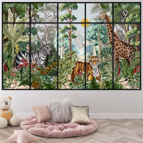 Stickers Trompe l'oeil fenêtre verrière - Jungle Animaux - 60 x 95 cm (1/3)