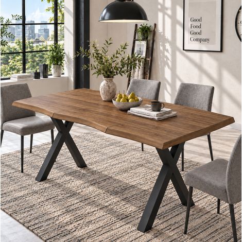 MODFU – Ensemble table 160x78 cm + chaises MDF/fer – Plateau ondulé 28 mm et pieds X – 4 à 6 personnes et charge 60 kg – Salle à manger – Noyer (1/5)