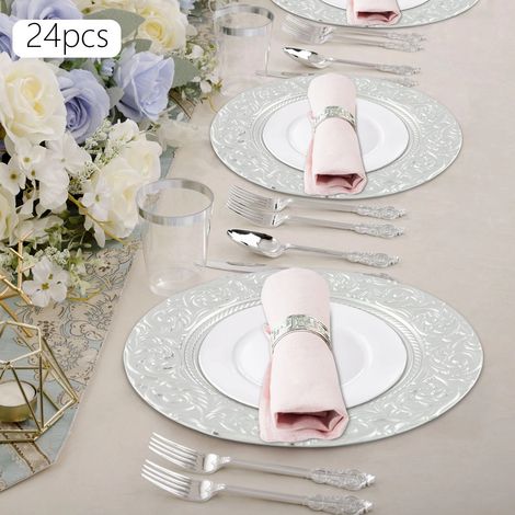 24pcs emballé avec 13 pouces plateau d'argent, réutilisable décoratif en plastique partie plateau, anniversaire, mariage, banquet assiette de repas occidentaux (1/5)