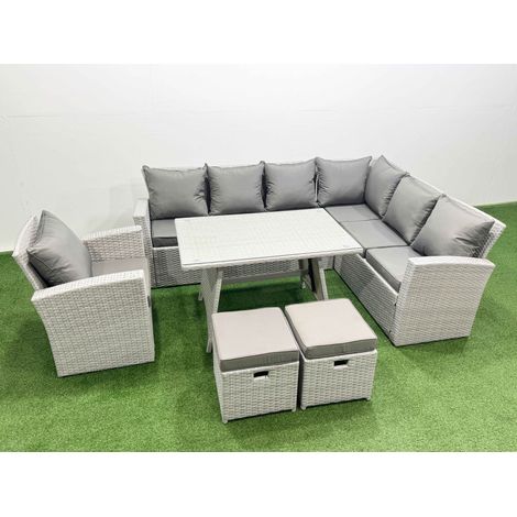 Fimous 9 Seater Garden Outdoor Rattan Furniture Set Rattan Corner Sofa Oblong Dining Table with Armchair Light Grey Mixed (1/4)