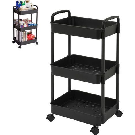 Chariot de cuisine à roulettes, étagères, PP, noir (1/5)