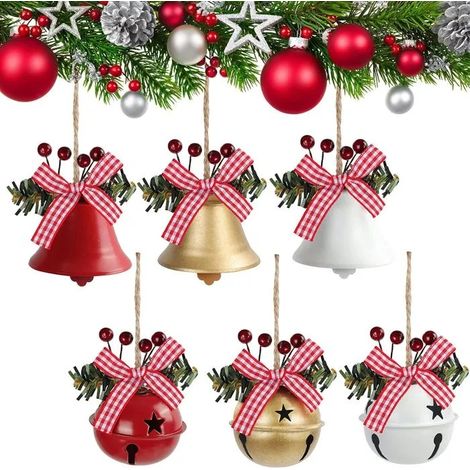 Lot de 6 Decoration Noel à Suspendre - Ensemble Boule de Noel et Cloche en Métal avec Rubans Deco Noel de Maison et Artisanat (1/5)