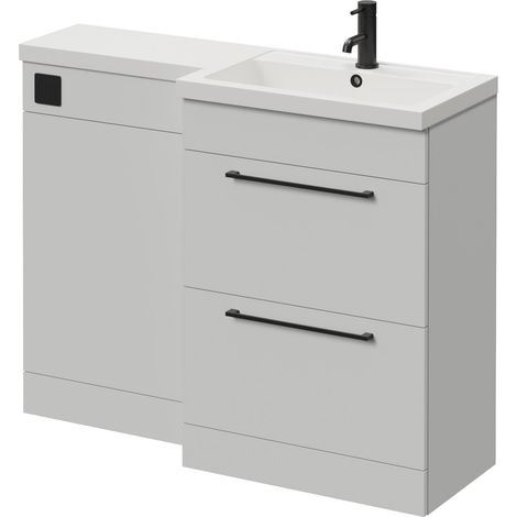 Napoli 390 Gloss Grey Pearl 1100mm 2 Drawer Vanity Unit Toilet Suite with Square Right Hand Lucia Basin - 1100mm - Matt Black 320mm HandleWithout Kingston Toilet Pan