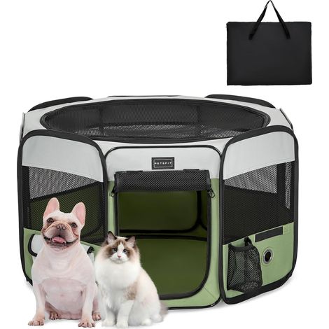 Enclos Pliable pour Petits Animaux, Chiens, Chats, avec Fond étanche, système Pop-up, Design Anti-Mastication, Gris/Vert, 75 x 68 x 42 cm (1/5)