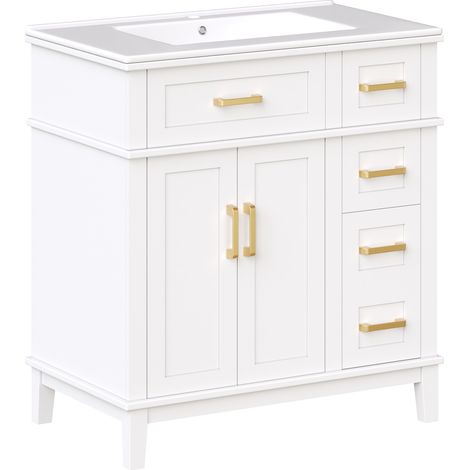 Mueble de baño con lavabo de cerámica 76x46,5x86 cm, cajones y cierre suave, blanco HOMVRA (1/5)