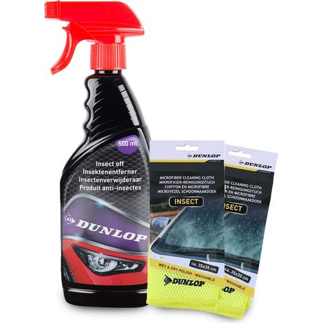 Pack Détachant Insectes 500ml et 2 Microfibres 35x35cm DUNLOP - Élimine Résidus, Pare-Brise Carrosserie, Lavable (1/3)