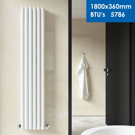 ELEGANT 1800 x 360 mm White Vertical Column Radiator Double Oval Panel Heater For Bedroom + Anthracite Thermostatic Radiator Valves (1/5)