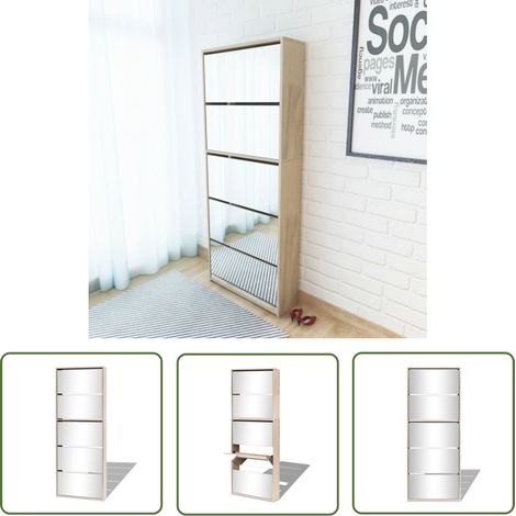 The Living Store Schuhschrank mit 5 Fächern Spiegel Eiche 63x17x169,5 cm - Spiegel-Schuhschrank - Schuhschrank - Eichenholz - Garderobe - Flurumgebung (1/5)