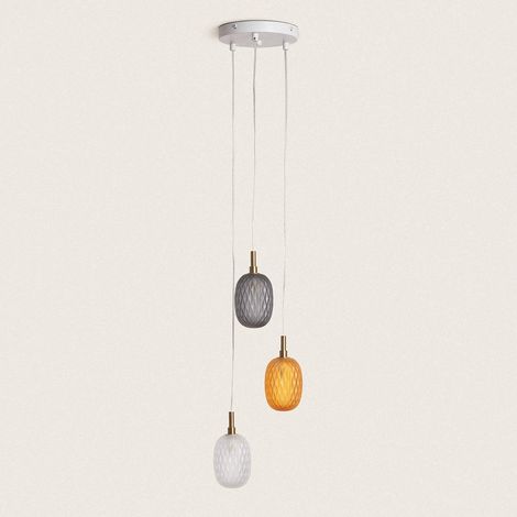 Ledkia – Suspension en verre Shalim – 3 abat-jours gris, blanc, orange – Structure métal finition blanche – Dimensions 1600mm x Ø180mm