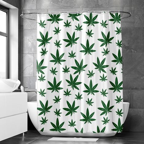 Rideau de douche motif feuillage cannabis aquarelle moderne, tissu salle de bain imperméable, 90x180 cm (1/5)