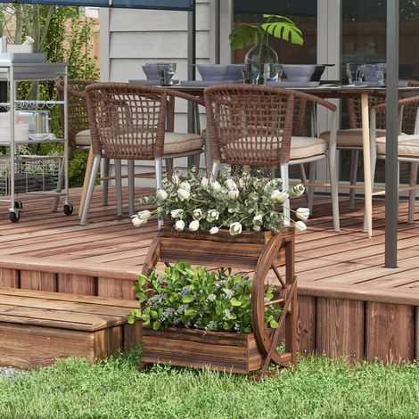 Jardinière en Bois d'Extérieur à 2 Niveaux avec 3 Pots et Roues de Chariot Style Campagne, 55x32x56cm (1/5)