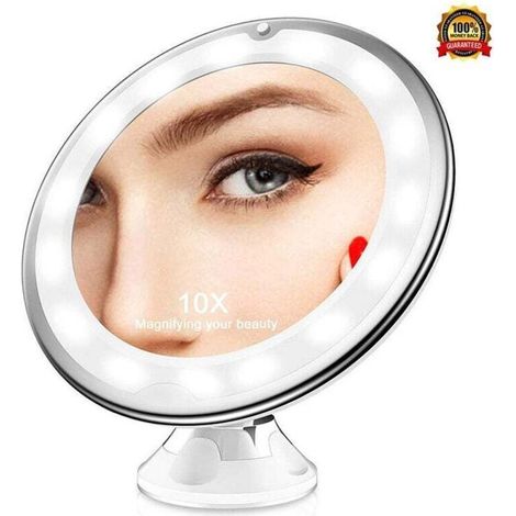 Promotion, Miroir Grossissant X10, Miroir Grossissant Lumineux LED de Voyage avec Ventouse, Miroir Grossissant Mural Portable, Rotation à 360°, Miroir à Poser Idéal pour Rasage et Maquillage,-- (1/4)