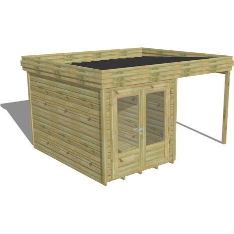 ABRI DE JARDIN bois Pin autoclave 27mm - 4,14x3,44m / 14,2m2 - Bac acier - Plancher bois (1/5)