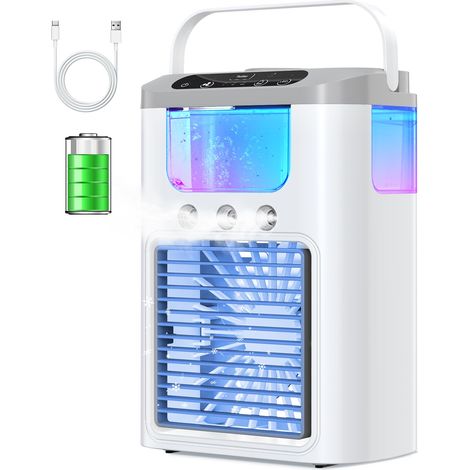 Tragbare Mini-Klimaanlage mit 1200 mAh Akku, 600 ml Wassertank, Ventilator und 7-farbigem Nachtlicht, 3 Nebelmodi, wiederaufladbar.