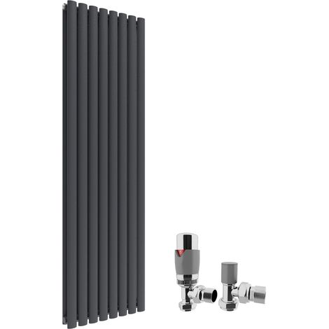 ELEGANT 1600 x 480 mm Modern Vertical Column Designer Radiator Anthracite Oval Double Panel Radiator Heater + Chrome Thermostatic Radiator Valves (1/5)