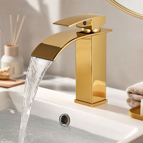 Robinet cascade lavabo doré mitigeur eau froide et chaude bec plat bas hauteur 245mm avec flexible inox pour salle de bain (1/5)