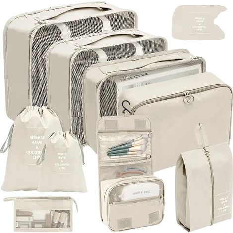 Cubi portaoggetti, set organizer da viaggio, soluzione salvaspazio, 10 pezzi beige (1/2)