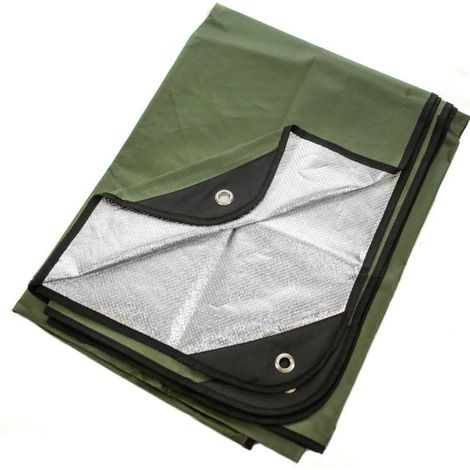 Isolierende Plane, robuste und wiederverwendbare Thermodecke – 152 x 208 cm, reflektiert 90 % der Körperwärme, wasserdicht, winddicht, 3-lagiges Design, Verstärkungen. (1/5)