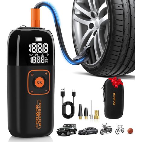 Gonfleur Pneus Voiture, Compresseur à Air Portatif sans Fil 150 PSI (10,35 Bar), Gonfleur Electrique, Pompe a Velo, Inflation Rapide, Arrêt Automatique, LED, pour Voiture, Moto, Vélo, Ballon (1/5)