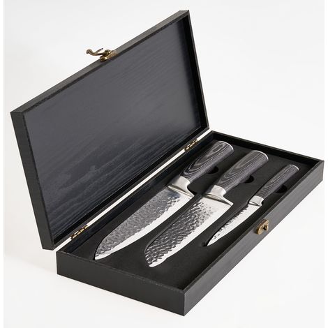 Conjunto de 3 cuchillos de cocina modernos afilados a mano dureza 62 HRC acero inoxidable de Damasco negro Kashiwa