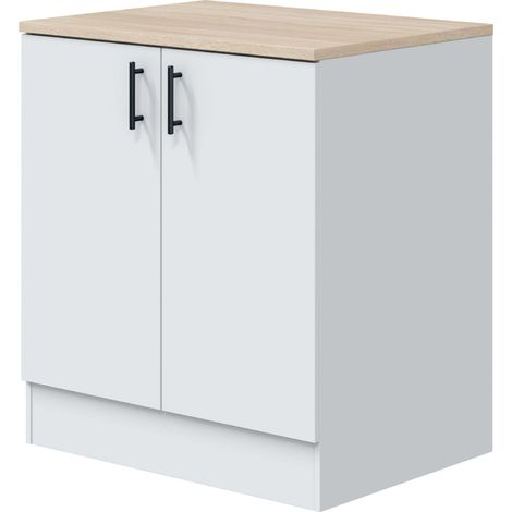 Module évier inférieur 2 portes Kira en blanc brillant et chêne canadien 80 x 90 x 60 cm (1/5)