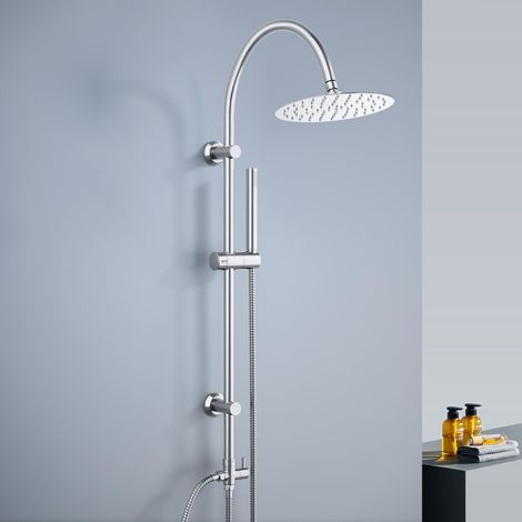 Colonne de Douche pluie sans robinet, Ensemble Douche Murale en acier inoxydable avec douche de tête ronde D20 cm, barre de douche vintage en forme de U, chromée (1/5)