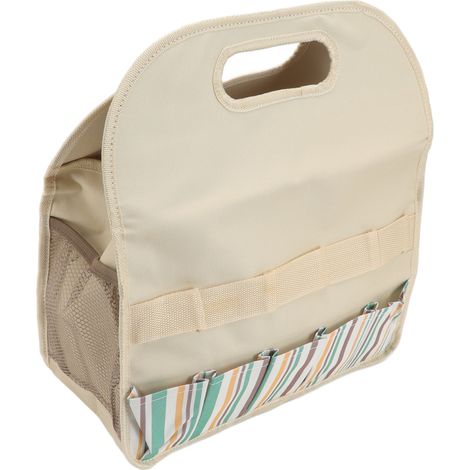 Sacoche à outils de jardin grande capacité en tissu Oxford 600D et panneaux PE, beige à rayures colorées. (1/5)