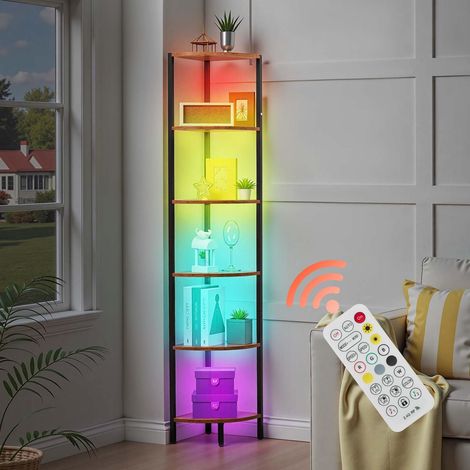 Étagère d'angle à 6 Niveaux, Hauteur 171,5 cm, bibliothèque du Coin avec éclairage LED, Meuble de Rangement Tour avec Cadre en métal et étagères en Bois, pour Chambre, Salon, Bureau, Cuisine (1/5)
