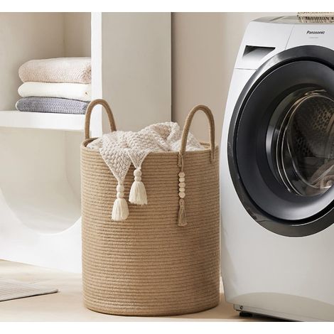 Panier à linge en corde de jute avec pendentif en perles en forme de losange, panier à couvertures de 58 litres, convient pour la chambre d'enfant, la chambre à coucher, le salon et la salle de bain. (1/5)