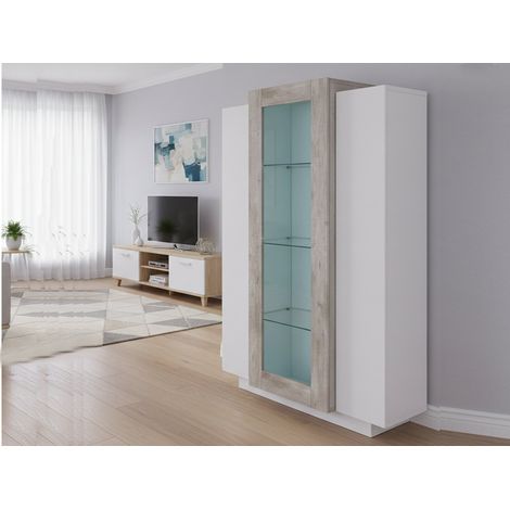 Dmora Vetrina moderna con anta a vetro, Made in Italy, Credenza con ripiani, Mobile da soggiorno, Vetrinetta, cm 80x38h121, colore Bianco lucido e Cemento, con imballo rinforzato (1/5)