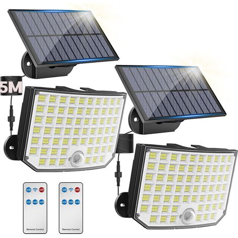 Rnemitery – Lampe solaire extérieure 256 LED – 3 modes de détection – Câble 5m – Étanche IP65 – Angle d'éclairage 180° – Télécommande incluse (1/7)