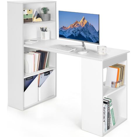 Scrivania per computer da 122cm con libreria, Postazione di studio moderna compatta con 6 ripiani Bianco (1/3)