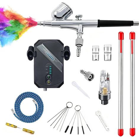 Kit Aérographe avec Compresseur Portable,3Pression d'Air Réglables 28-48PSI  3 Buses (0,2/0,3/0,5 mm) – Aérographe Double Action 12W pour Modélisme, Maquillage, Nail Art (1/5)