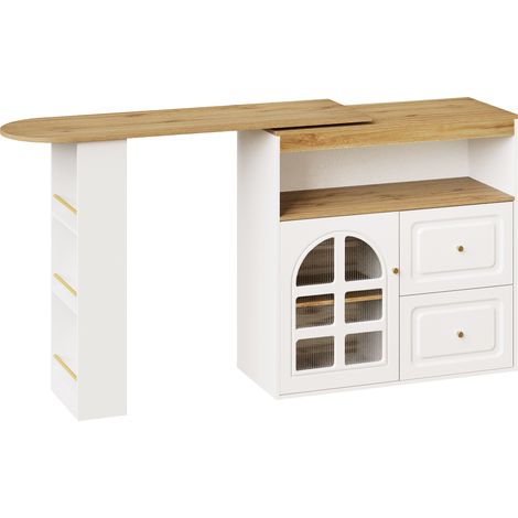Bar de cuisine rotatif 360° avec 2 tiroirs, étagère à snacks et porte en verre bombé, MDF blanc, 138-204x39x104 cm (1/5)