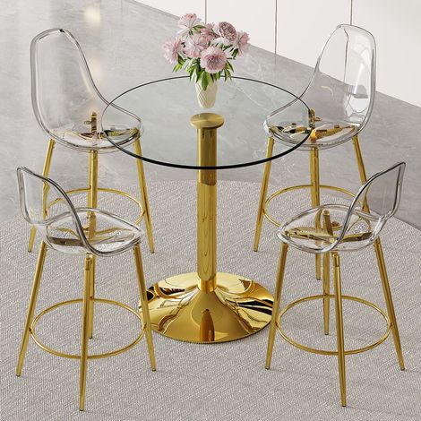 Ensemble bar table ronde en verre 89 cm avec 4 tabourets transparents, structure métal doré (1/5)