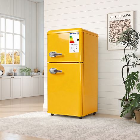 Réfrigérateur Congélateur 86 L Double Porte avec LED et Température Réglable, Étagères Ajustables, Jaune