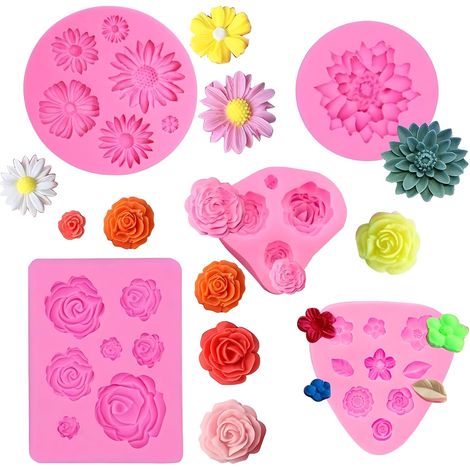 5 x Flower Silicone Mould for Cake Fondant Moulds, Rose and Leaf Shaped Silicone Moulds for Jelly Sugar Candy Chocolate Fondant Cake Decoration (1/5)