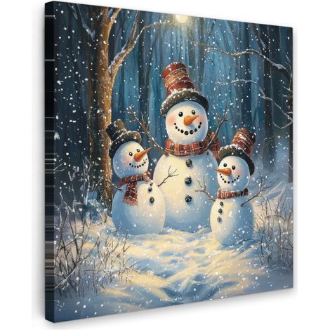 TABLEAU SUR TOILE Bonhomme de neige - Neige - Hiver - Forêt Tableau Chambre Adulte 90x90 cm