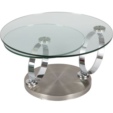 M&S – Table basse relevable en verre 12mm avec 2 plateaux ronds – Piètement en acier chromé – Dimensions 80x80x43cm fermée, 135x80x43cm ouverte