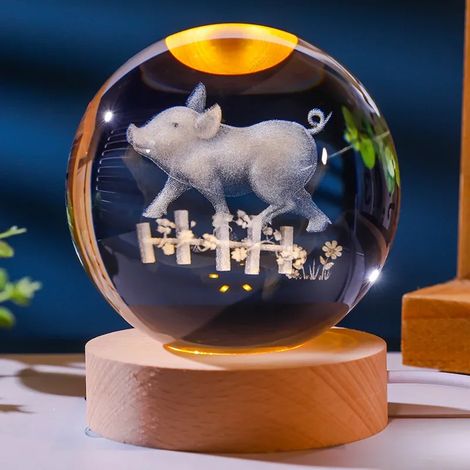 (Lumière chaude) Boule de cristal avec support lumineux LED, décoration de boule en verre gravée au laser.