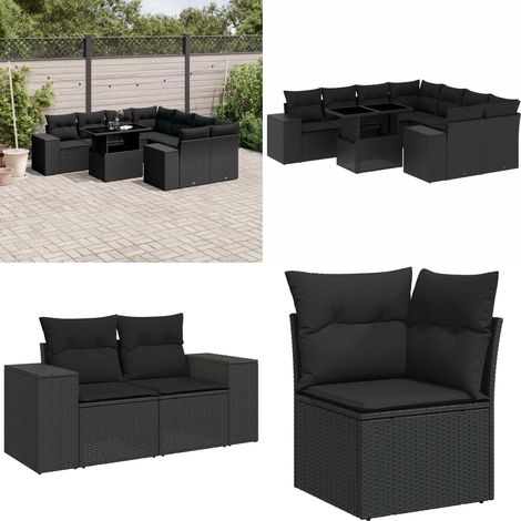 Salon de jardin 9 pcs avec coussins noir résine tressée - Ensemble Salon De Jardin - Meuble Extérieur - Salon De Jardin Pliable - Table Extensible - Chaise Lounge - Home & Living (1/5)