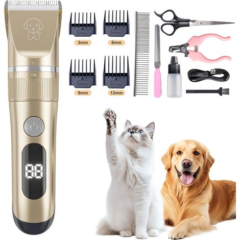 Tondeuse Chien, Tondeuse Silencieuse pour Chiens sans Fil avec Ecran LED et 4 Peignes Limite, Lames en Céramique Amovibles, 12 Accessoires, IPX7 Étanche pour Chien/Chat (1/5)