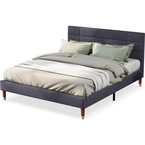 Cama tapizada 140x200 cm con cabecero acolchado, somier de láminas y espacio bajo la cama, en tela gris oscuro y estructura de madera, montaje sencillo CHICFURN (1/5)